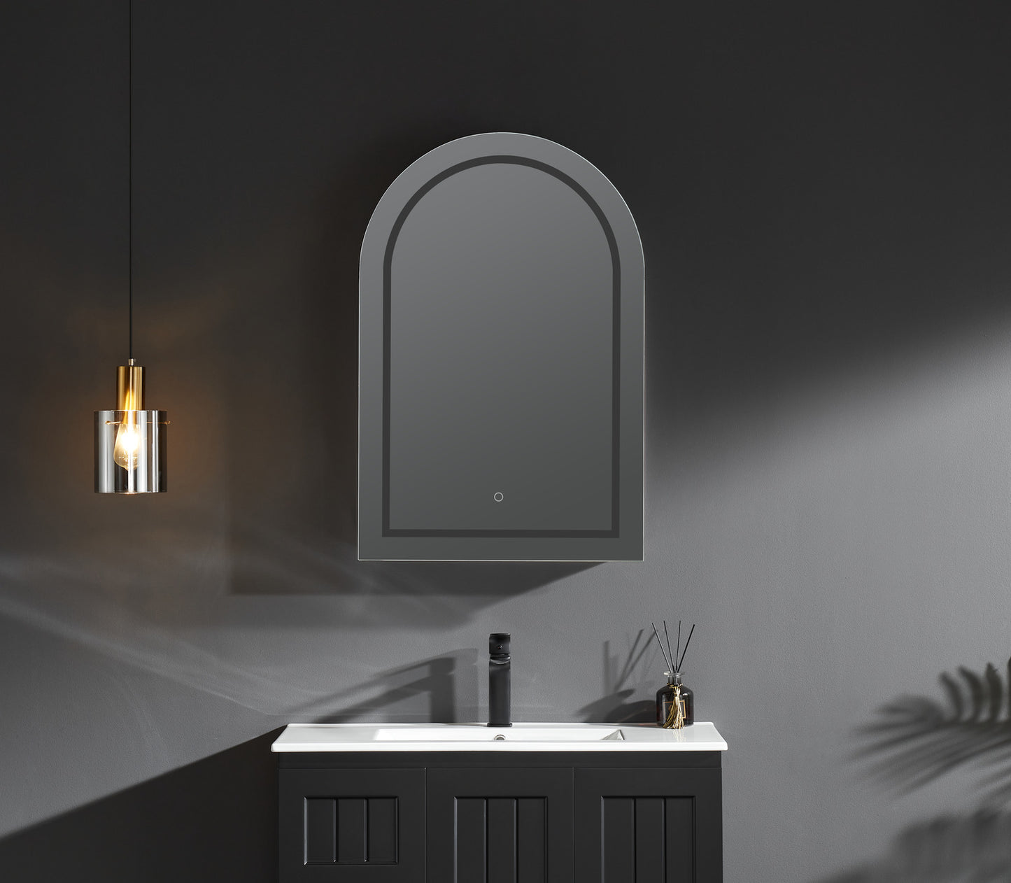 OARSV6090MB-LED Olivia Matte Black Arched Wall Mounted Mirror Cabinet