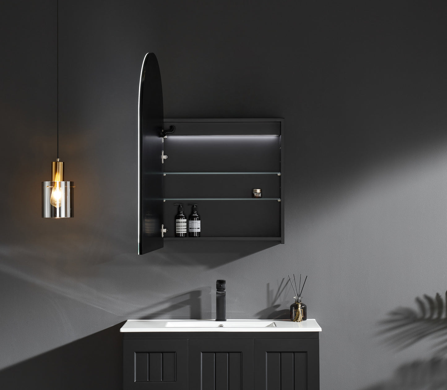 OARSV6090MB-LED Olivia Matte Black Arched Wall Mounted Mirror Cabinet