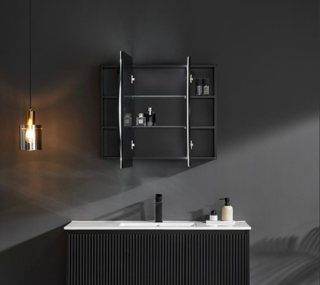 OPLSV1275MB Olivia Matte Black Oval Mirror Cabinet