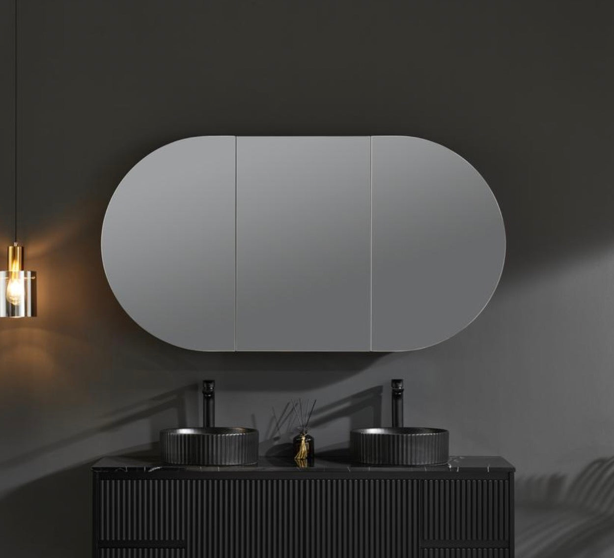 OPLSV1580MB Matte Black Oval Wall Mounted Mirror Cabinet