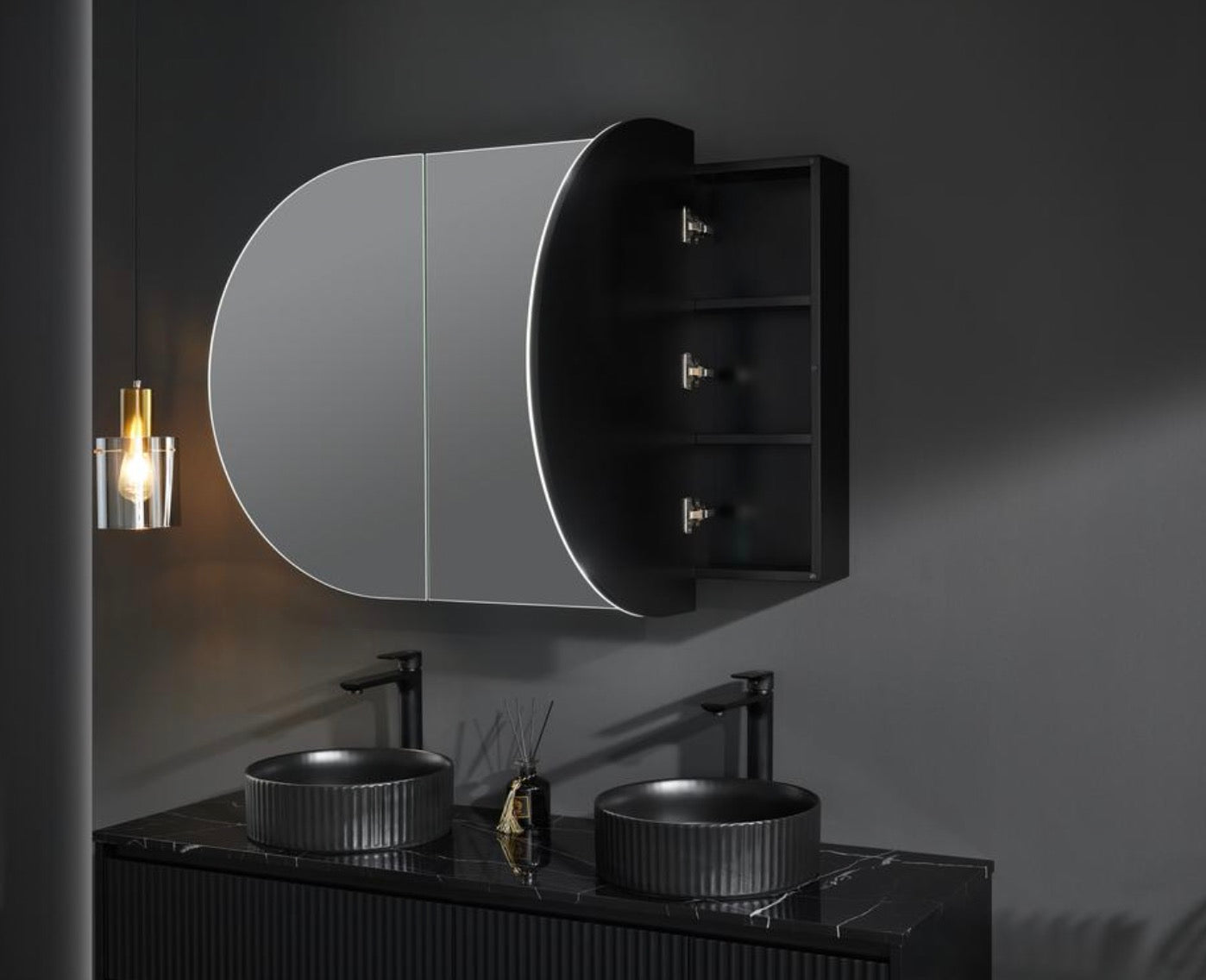 OPLSV1580MB Matte Black Oval Wall Mounted Mirror Cabinet