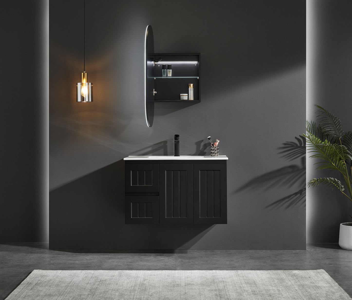 OPLSV4590MB-LED Olivia Matte Black Oval Wall Mounted Mirror Cabinet