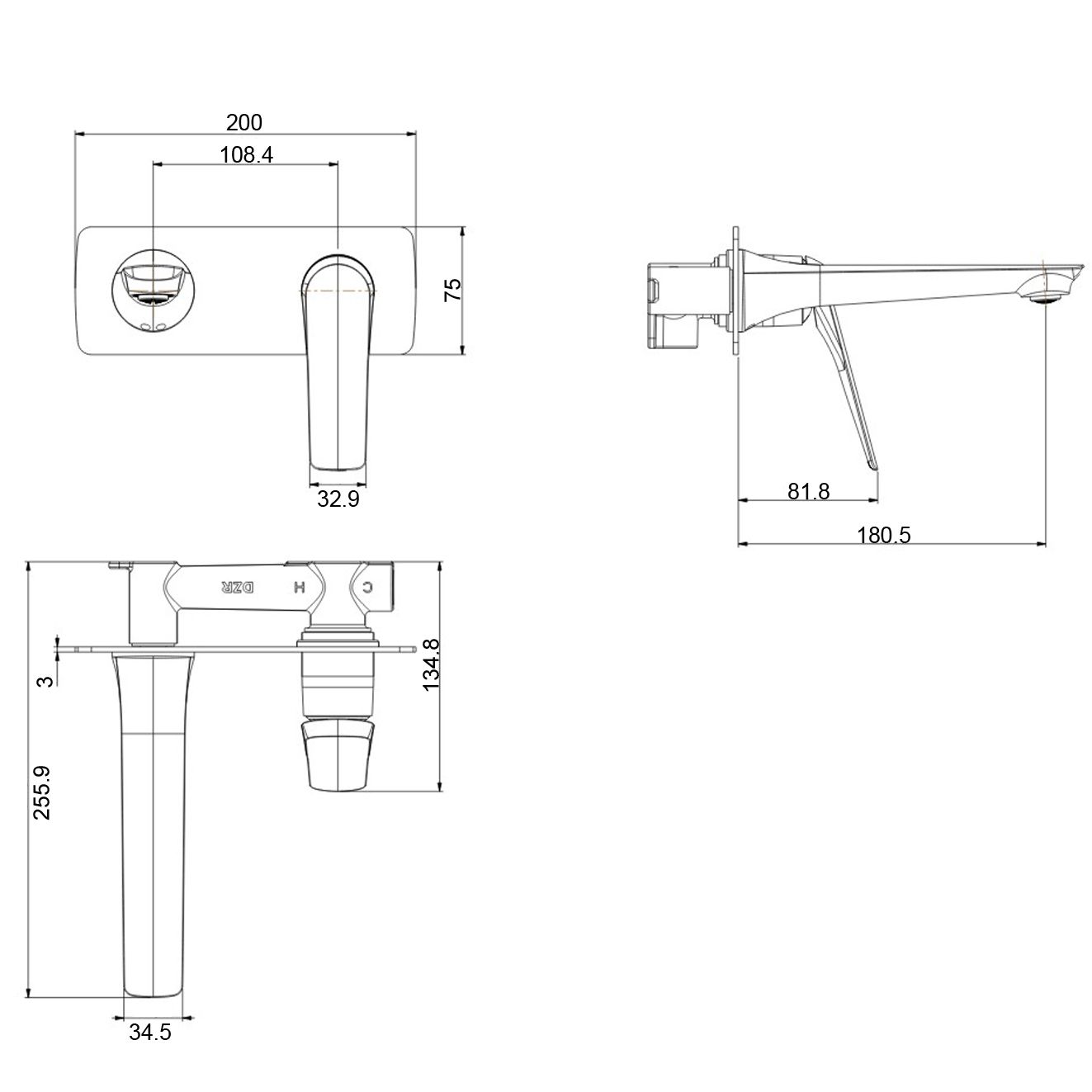 OX0159.BM Matte Black Square Wall Mounted Wall Mixer