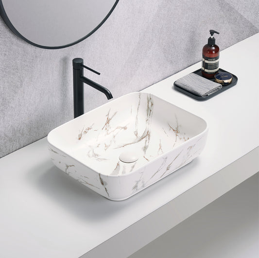 PA5039M2 Art Basins Matte White Carrara with Gold Vein Rectangular Above Counter Basin