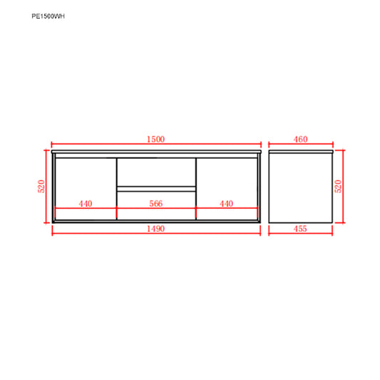 PE1500WH Petra Matte White and Black Rectangular Wall hung Cabinet
