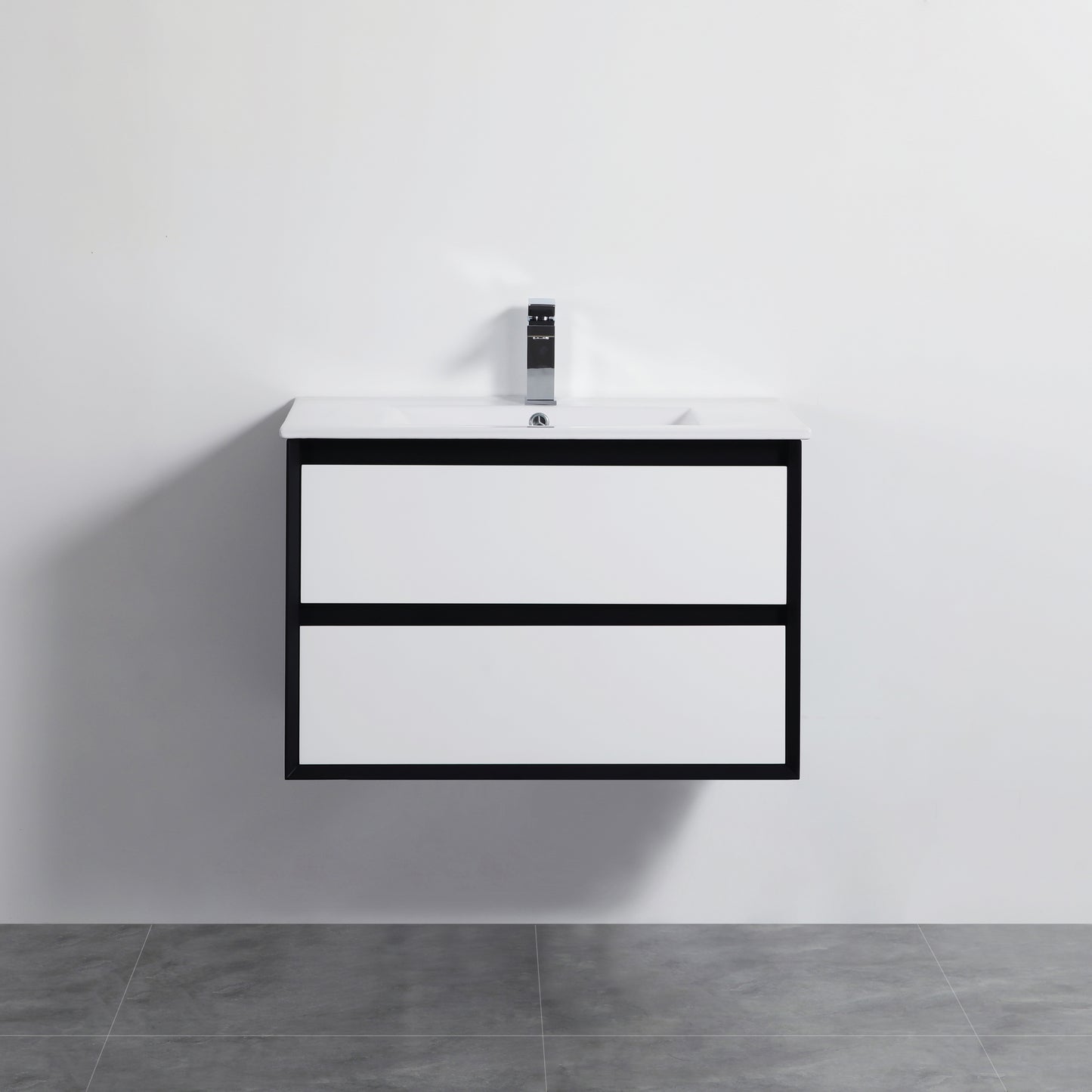 PE750WH Petra Matte White, Black Rectangular Wall hung Vanity