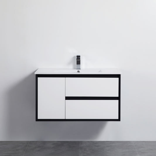 PE900RWH Petra Matte White and Black Rectangular Wall hung Vanity