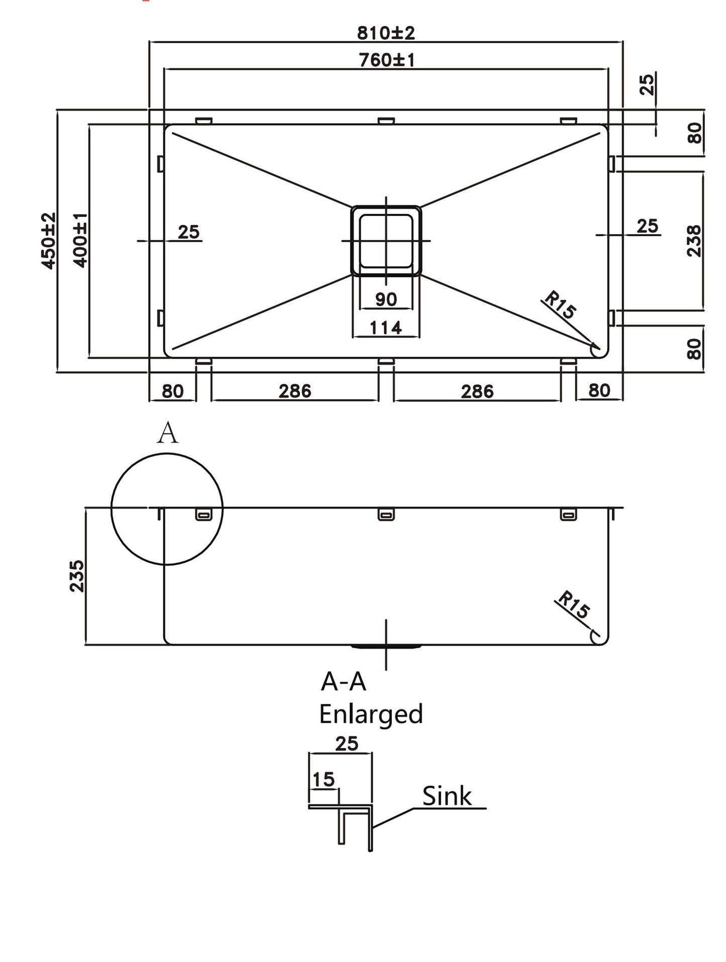 PKSS-810S Square Stainless Steel Single Bowl Sink 810 x 450 x 235 mm