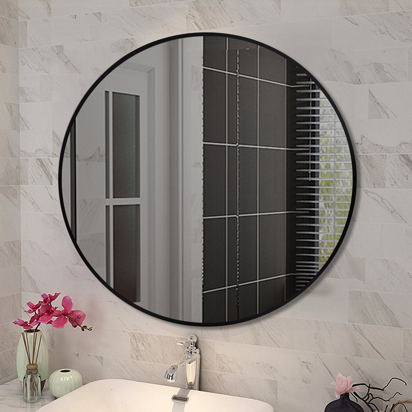 T-600MRB Matte Black Round Wall Mounted Mirror