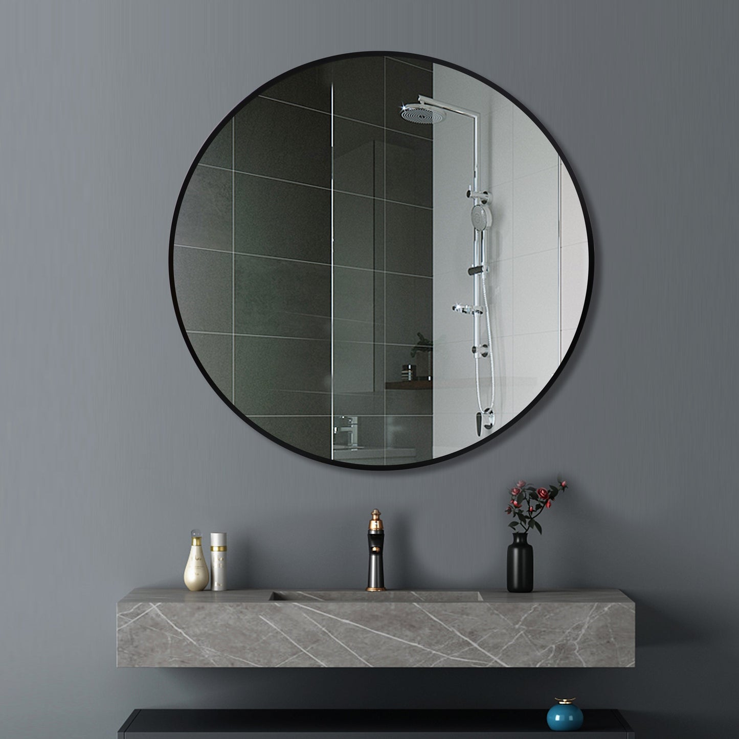 T-600MRB Matte Black Round Wall Mounted Mirror