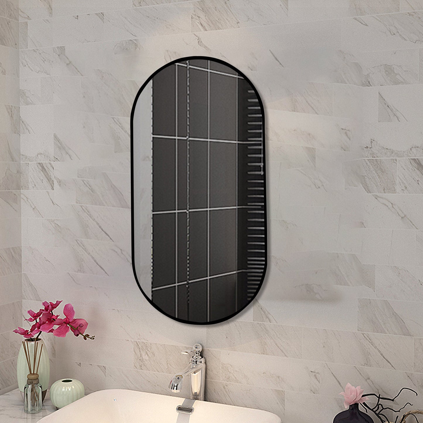 T-6090F Matte Black Oval Wall Mounted Mirror