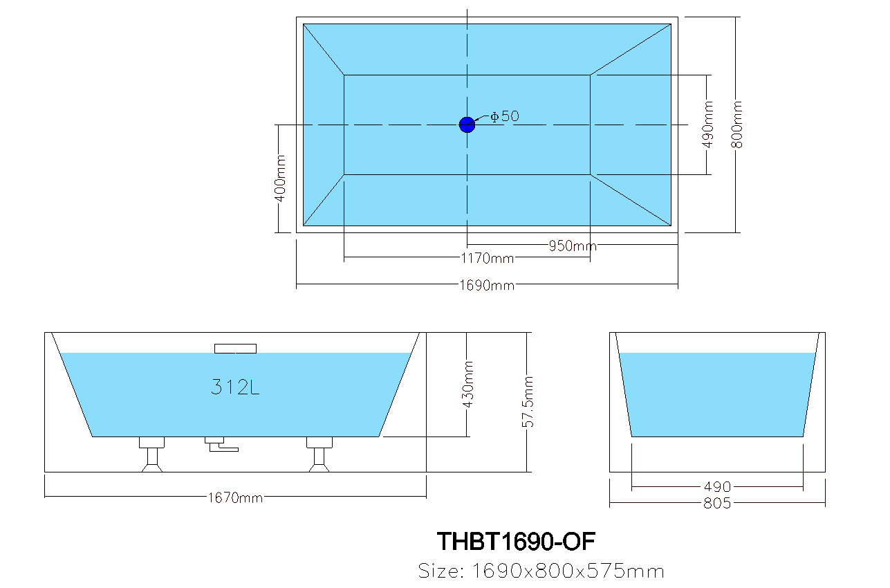THBT1690-OF Theo Gloss White Back to Wall Bathtub