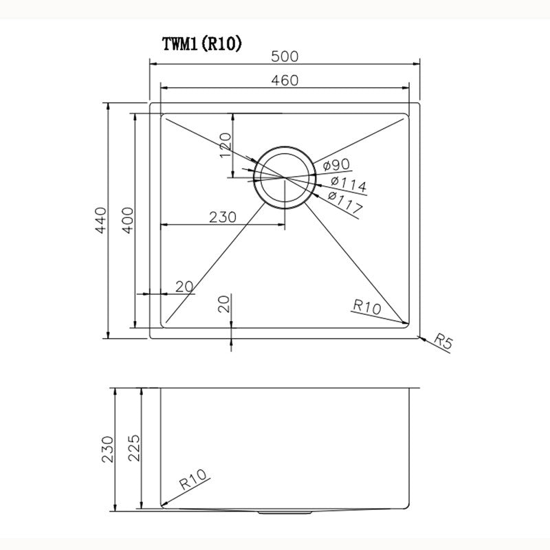 TWM1B Brushed Gunmetal Grey Rectangular Top/Undermount/Flush mount Kitchen Sink