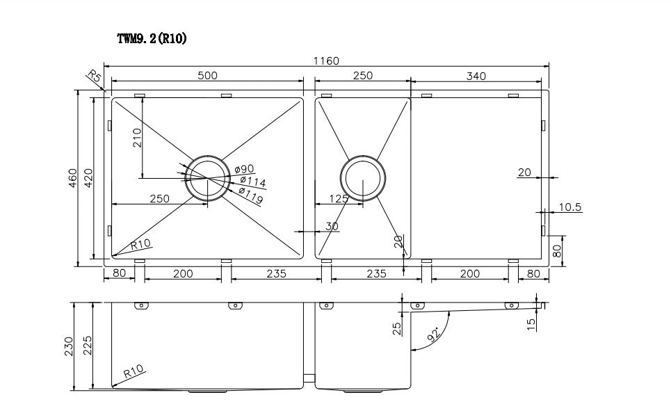 TWM9.2 Satin Chrome Rectangular Top/Undermount/Flush mount Sink
